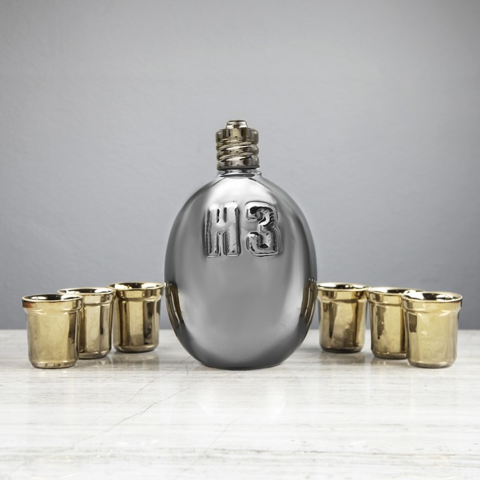 Штоф с рюмками "Фляга" серебро, 7 предметов, 1,5 л/ 0,05 л