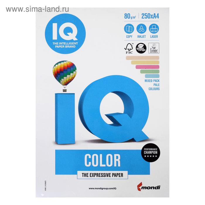 Бумага цветная А4 250 л, IQ COLOR, 80 г/м2, 20,23,25,28,30 по 50 л