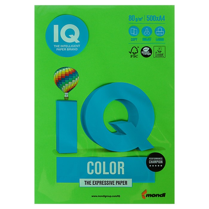 Бумага цветная IQ COLOR (А4,80г,MA42-ярко-зеленый) пачка 500л.