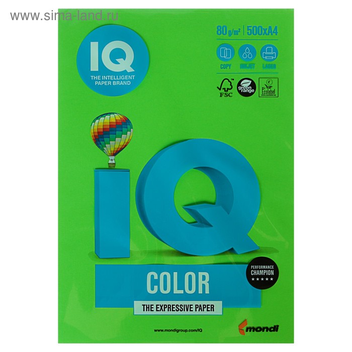 

Бумага цветная А4 500 л, IQ COLOR, 80 г/м2, зеленый, MA42