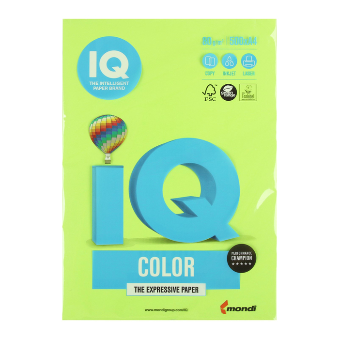 Бумага цветная IQ COLOR (А4,80г,NEOGN-зеленый неон) пачка 500л.