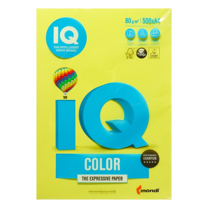 Бумага цветная IQ COLOR (А4,80г,ZG34-лимонно-желтый) пачка 500л.
