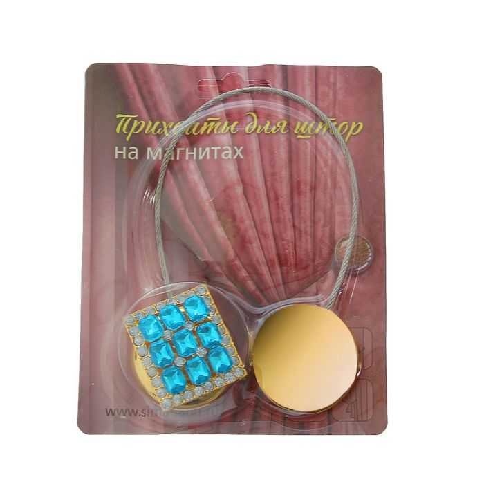 Подхват для штор тросик "Ромб", цвет золотой с синими стразами