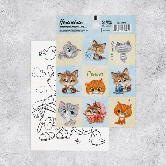 

Наклейки бумажные «Котята», c раскраской на обороте, 11 × 15,5 см