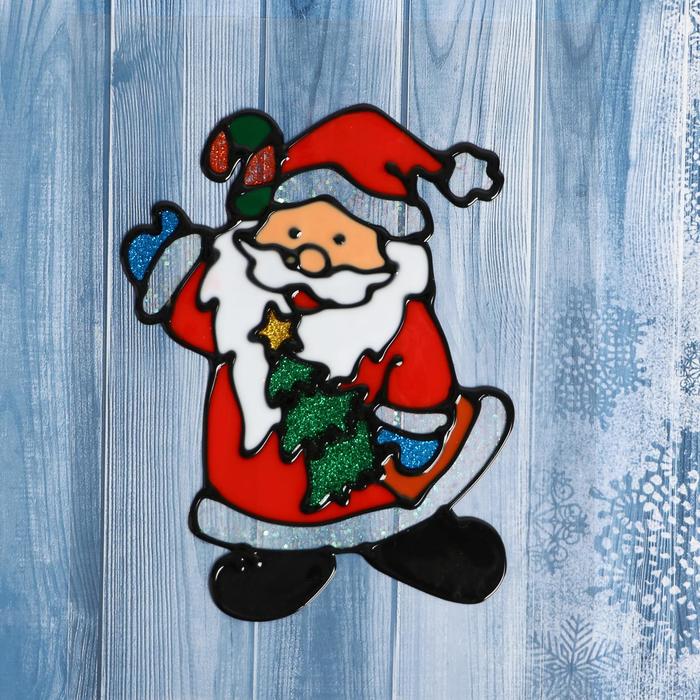 Наклейка на стекло «Дед Мороз с ёлкой» 10х14 см