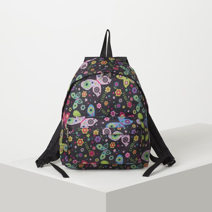 Рюкзак молодёжный на молнии "Бабочки", 1 отдел, 1 наружный карман, чёрный