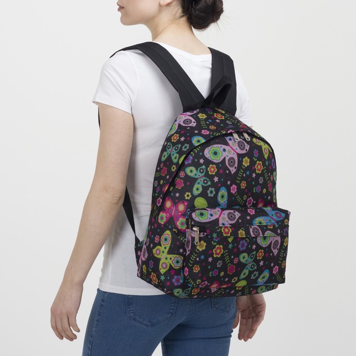Рюкзак молодёжный на молнии "Бабочки", 1 отдел, 1 наружный карман, чёрный