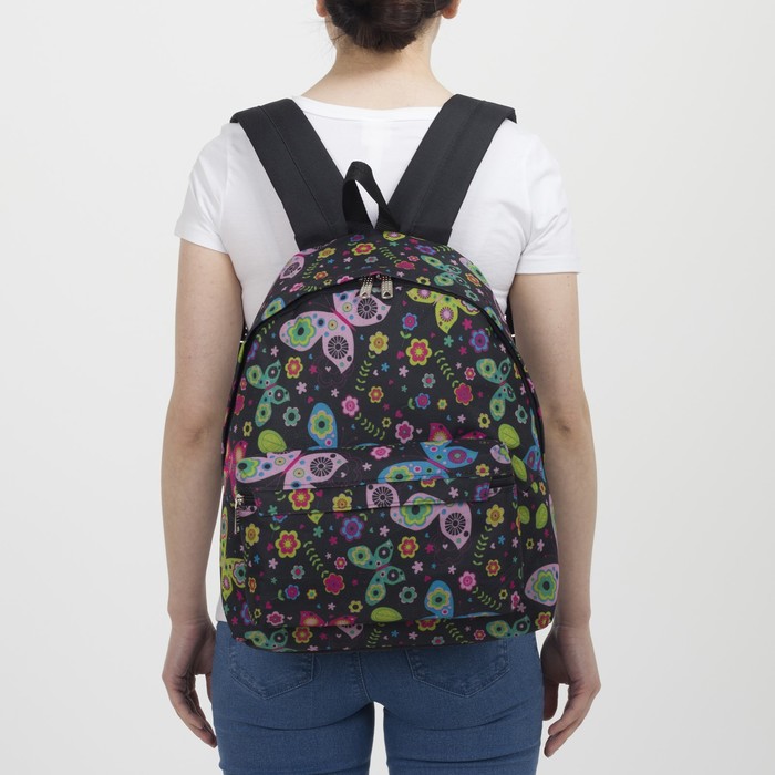 Рюкзак молодёжный на молнии "Бабочки", 1 отдел, 1 наружный карман, чёрный