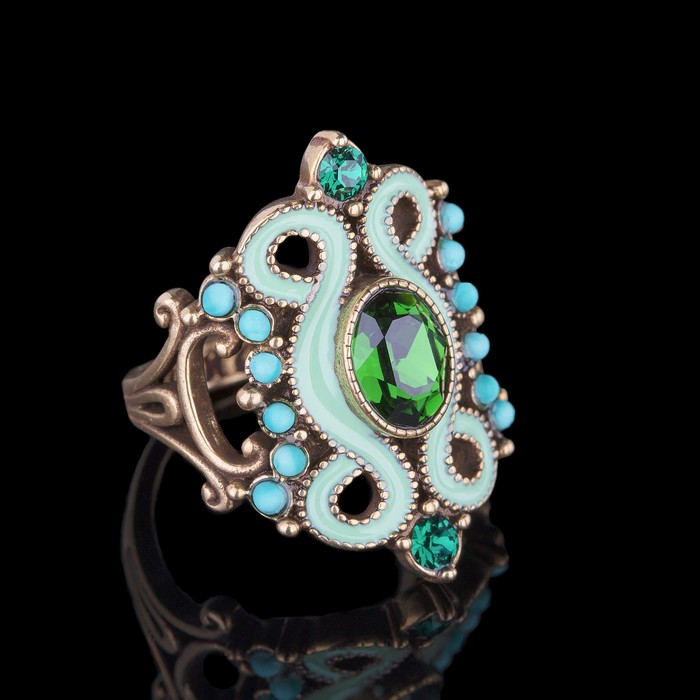 Кольцо "Шер", размер 18, цвет тёмно-зелёный в бронзе