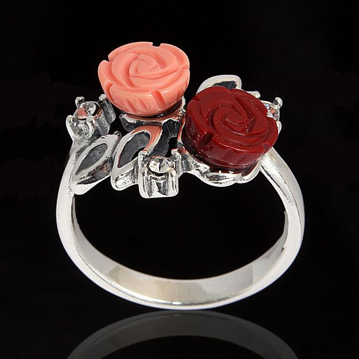 Кольцо "Маники", размер 19, цвет бело-красный в чернёном серебре