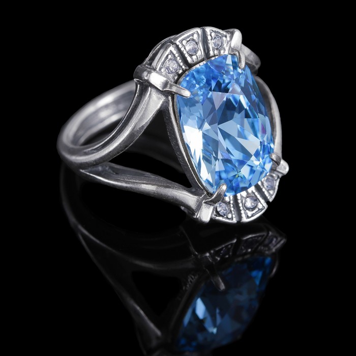 Кольцо "Гололёд", размер 17, цвет голубой в чернёном серебре