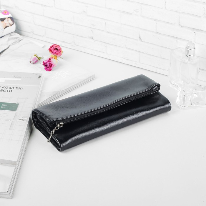 Кошелёк-клатч на кнопке, 3 отдела, отдел для монет, чёрный матовый