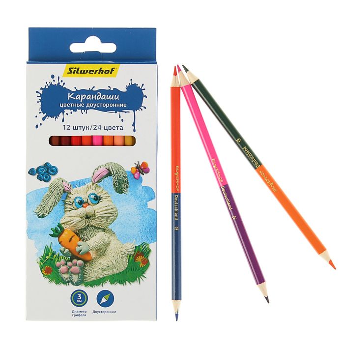 Карандаши 12 штук, 24 цвета двухцветные "Пластилиновая коллекция"