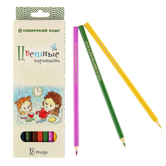 Карандаши 18 цветов "Сибирский Кедр. Ежик", шестигранные, длина 175мм, ok 6.9мм