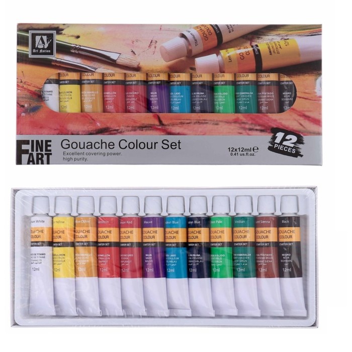 Краски гуашь 12цв Art Nation, в метал тубе 12мл в карт кор