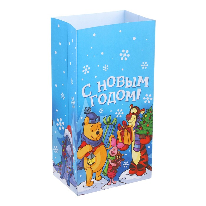 Пакет подарочный без ручек "С новым счастьем!", Медвежонок Винни и его друзья, 10 х 19,5 х 7 см