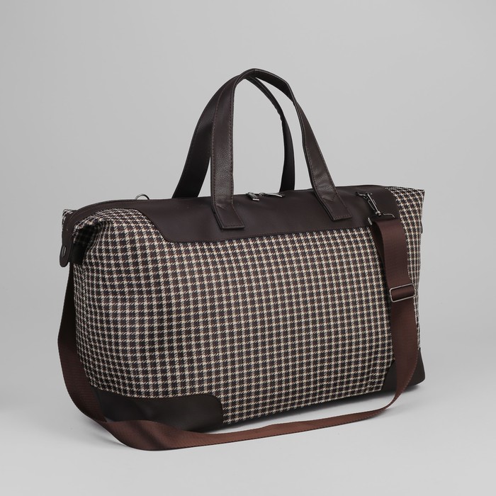 Сумка женская на молнии "Куриная лапка", 1 отдел, 1 наружный карман, длинный ремень, коричневая