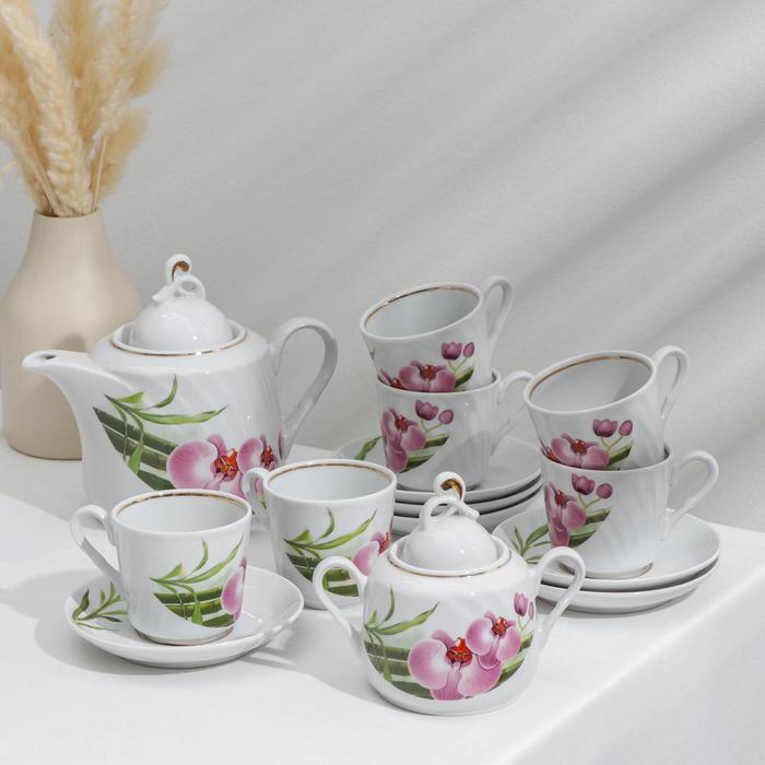 фото Сервиз чайный «бамбуковая орхидея», 14 предметов: чайник 1 л, сахарница 400 мл, 6 чашек 220 мл, 6 блюдец d=14 см добрушский фарфоровый завод