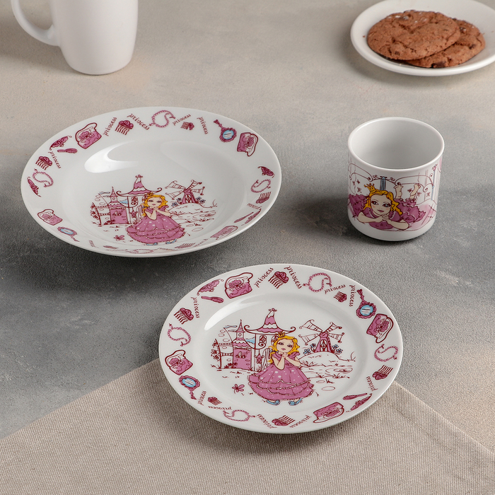 Набор детский "Идиллия. Принцесска", 3 предмета: тарелка глубокая 20 см, кружка 200 мл, тарелка мелкая 17 см