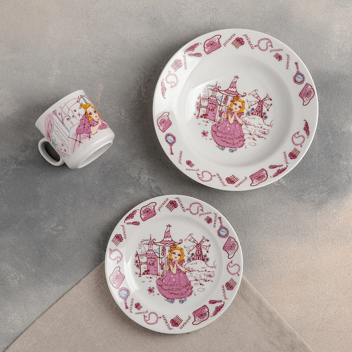 Набор детский "Идиллия. Принцесска", 3 предмета: тарелка глубокая 20 см, кружка 200 мл, тарелка мелкая 17 см