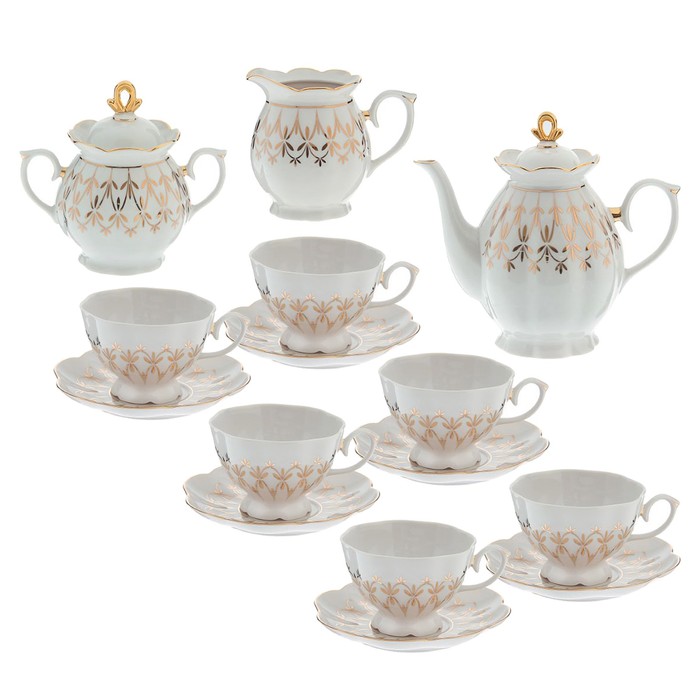 Сервиз чайный "Елена. Колье-2", 15 предметов: чайник 1 л, сахарница 400 мл, сливочник 180 мл, 6 чашек 250 мл, 6 блюдец 15 см