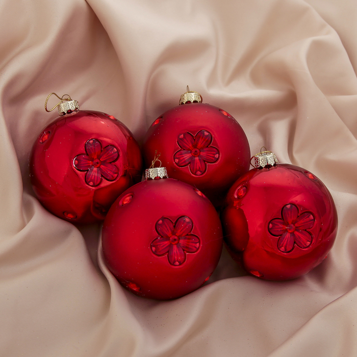 Новогодние шары "Рельефный красный цветок" (набор 4 шт.)