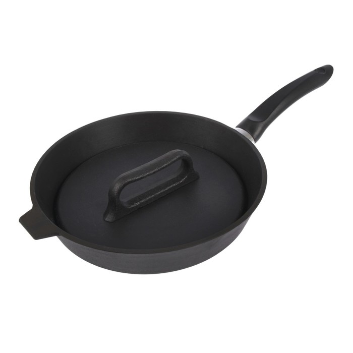 Сковорода-гриль 28х6 см литая, с бакелитовой ручкой, чугунная крышка МИКС