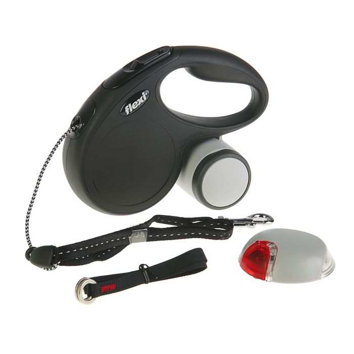 Набор Flexi: рулетка NEW Classic М до 20 кг, трос, 5 м + LED фонарик + Multi-box, черный