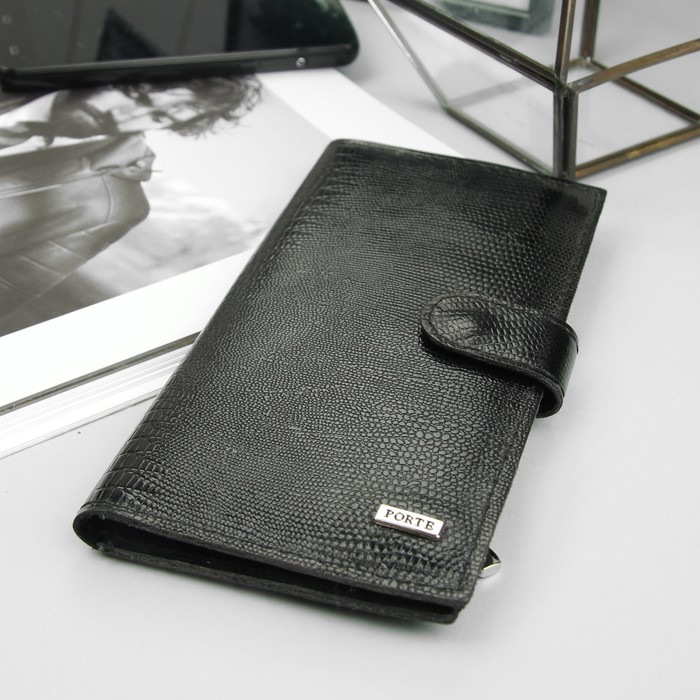 Портмоне на кнопке, 1 отдел, для карт, скат, цвет чёрный