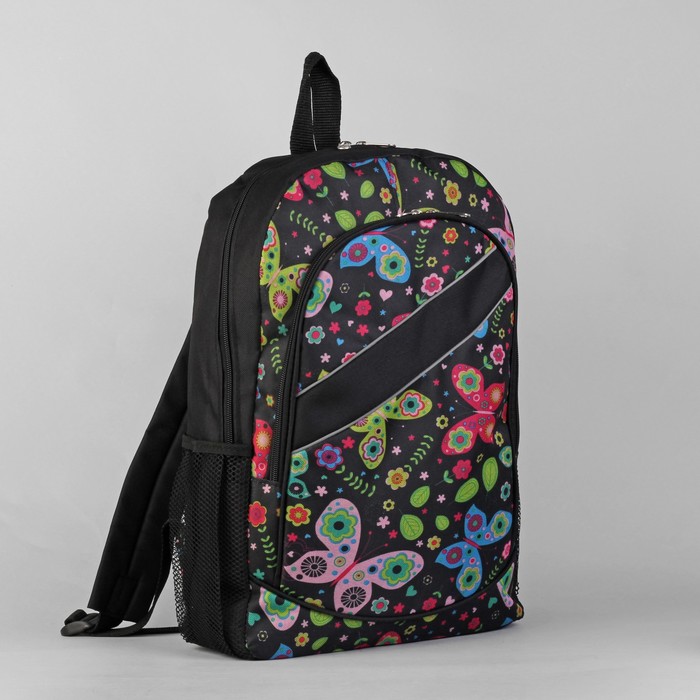 Рюкзак молодёжный на молнии "Цветные бабочки", 1 отдел, 3 наружных кармана, чёрный