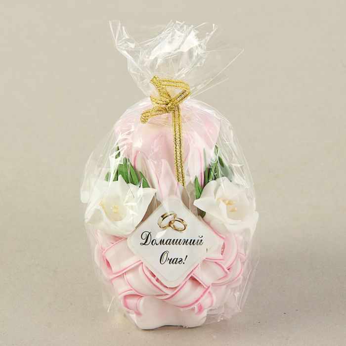 Свеча резная 10-11см с декором- белые цветы "Домашний очаг" Бело-розовая