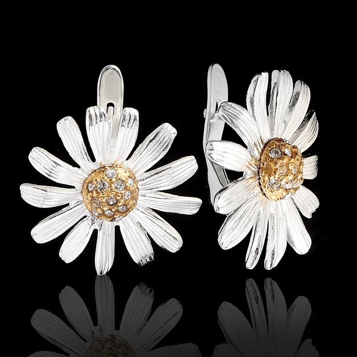 Серьги "Ромашка А.", цвет серебряно-золотой