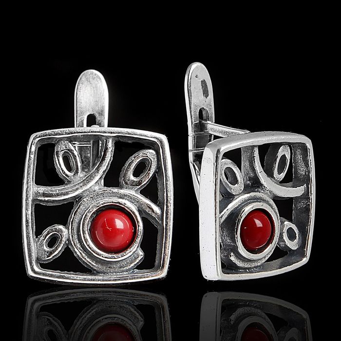 Серьги "Бора-бора", цвет красный в чернёном серебре