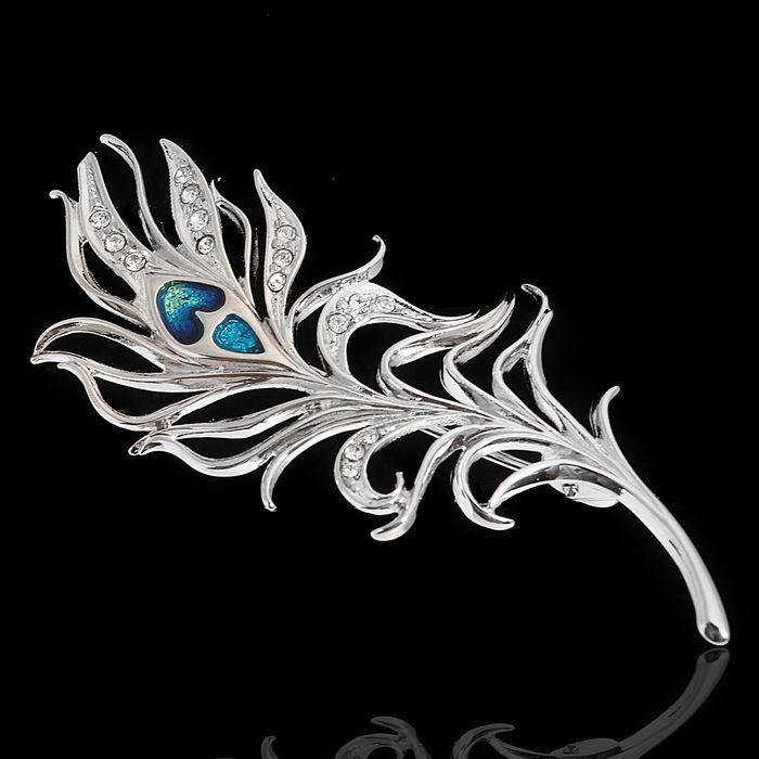 Брошь "Перо Жар-птицы", цвет голубой в серебре