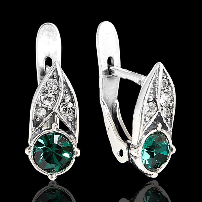 Серьги "Юнис", цвет зелёный в чернёном серебре