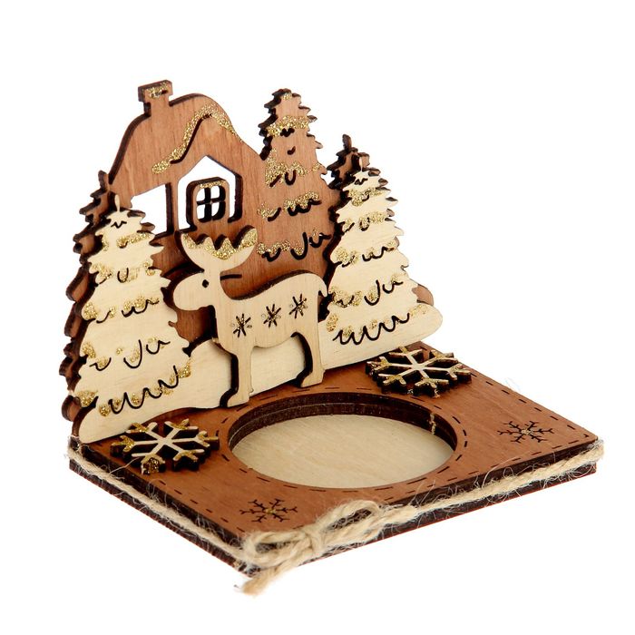 Подсвечник "С оленем", коричнево-белый, набор 2 детали