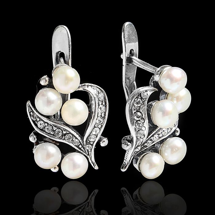 Серьги "Книра", цвет белый в чернёном серебре