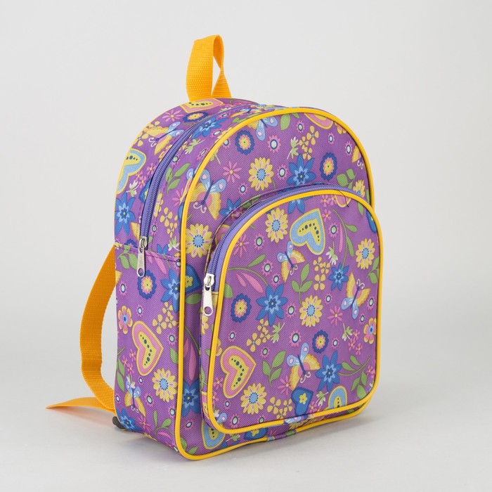 Рюкзак детский на молнии "Цветы и сердечки", 1 отдел, 1 наружный карман, цвет сиреневый