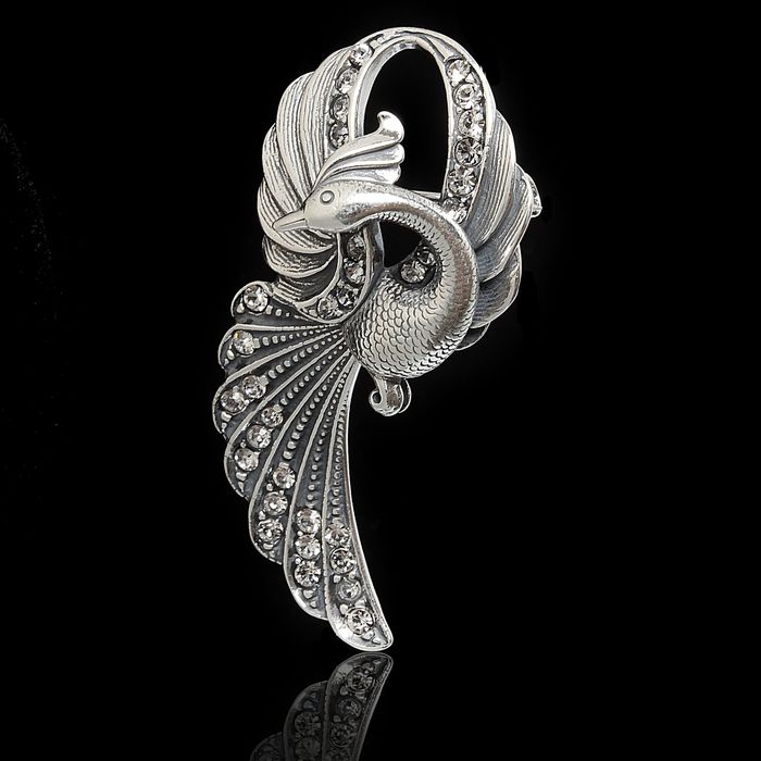 Брошь "Жар-птица", цвет белый в чернёном серебре
