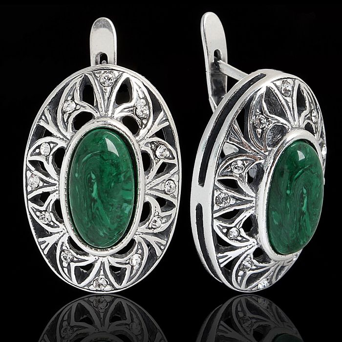 Серьги "Урал", цвет бело-зеленый в чернёном серебре