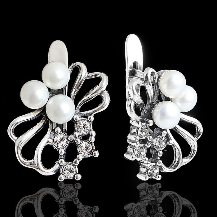 Серьги "Биаро", цвет белый в чернёном серебре