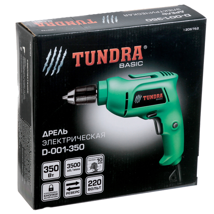 Дрель TUNDRA basic D-001-350, 350 Вт, 3500 об/мин, патрон быстрозажимной 10 мм