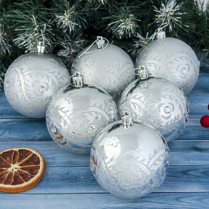 Новогодние шары "Ажурный узор" (набор 6 шт.), серебро