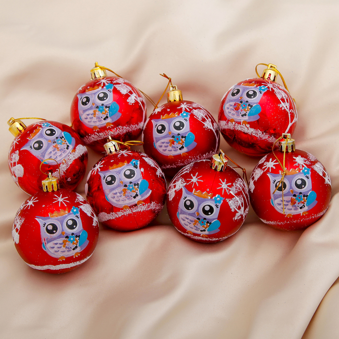 Новогодние шары "Совушка" (набор 8 шт.), красные
