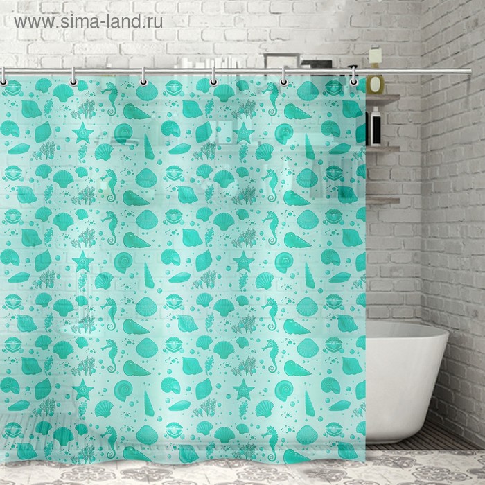 Штора для ванной «Ракушки», 180×180 см, полиэтилен, цвет зелёный