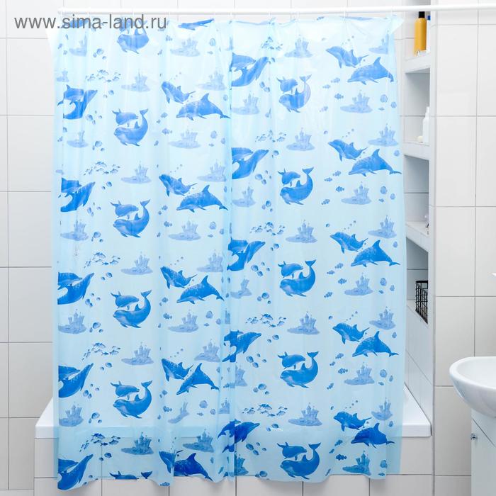 фото Штора для ванной комнаты «дельфины», 180×180 см, полиэтилен, цвет голубой колорит