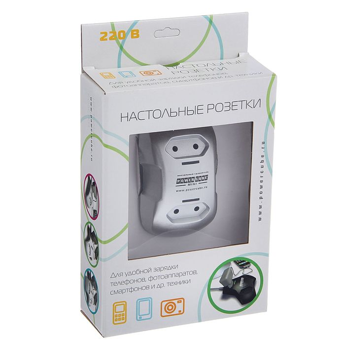 Настольный удлинитель "Power Cube", 2 розетки, 2.5 А, 1.8 м, 500 Вт, цвет серебро