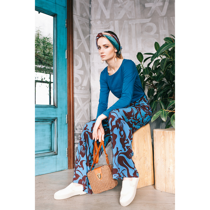 Брюки женские, размер 48, рост 170 см, цвет сине-коричневые цветы (арт. Y1161-0148)