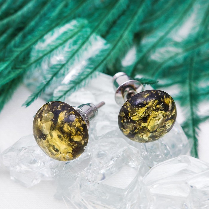 Пусеты "Янтарь" круг, цвет зелёный