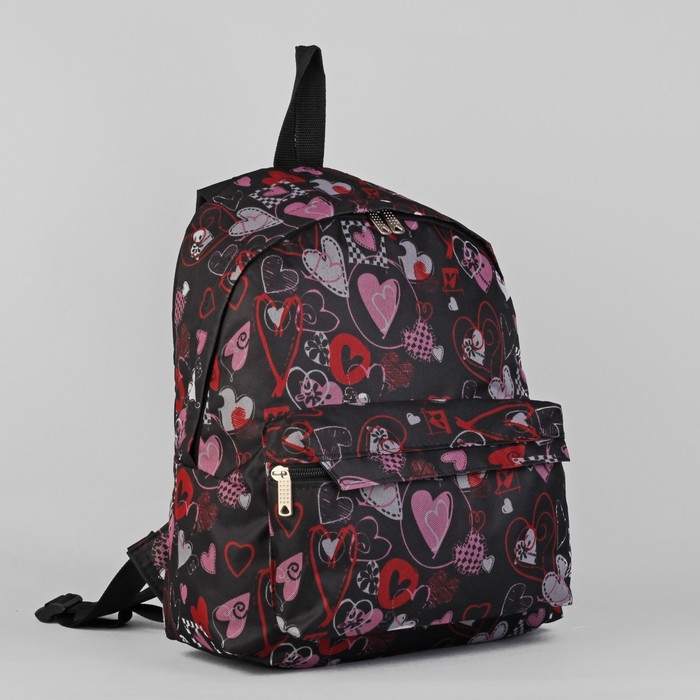 Рюкзак молодёжный на молнии "Розовые сердца", 1 отдел, 1 наружный карман, чёрный/красный